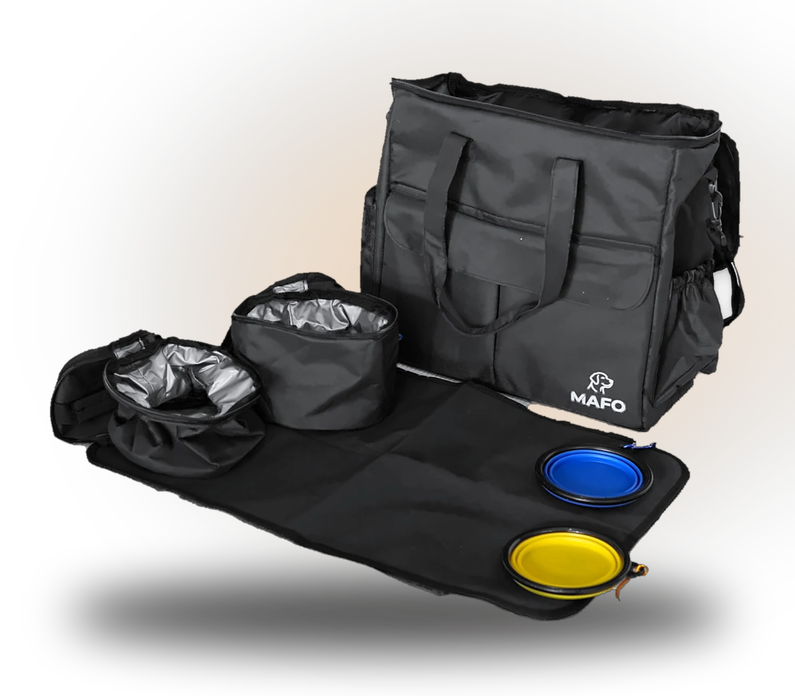 MAFO Travel Organizer Set: Tasche, wasserfeste Matte, zwei faltbare Näpfe und zwei Futtertaschen