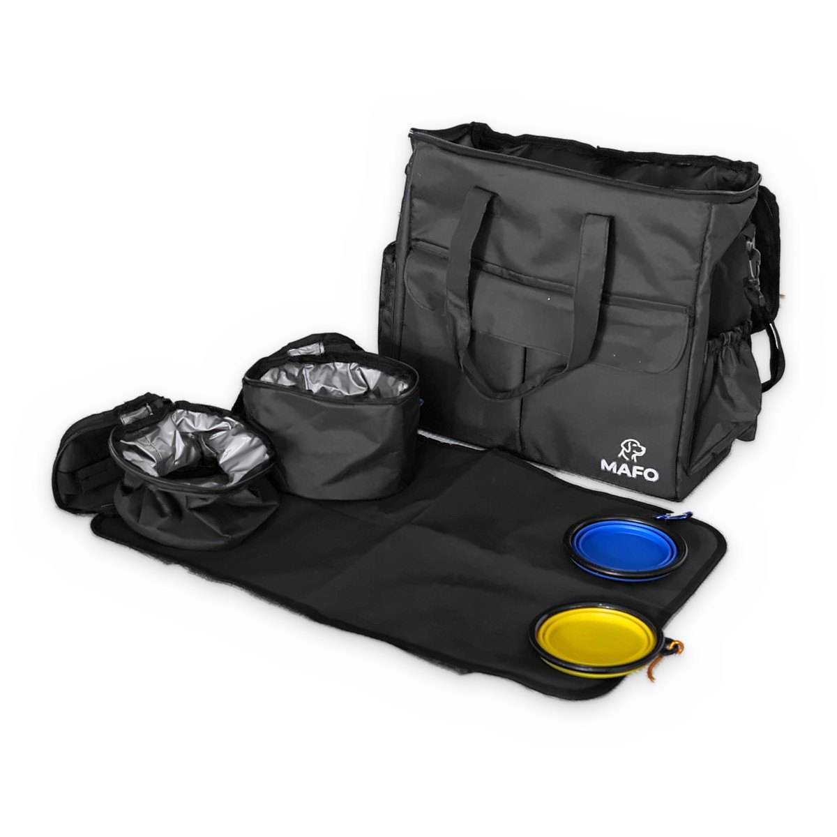 MAFO Set: Tasche, wasserfeste Matte, zwei faltbare Näpfe und zwei Futter-/Leckerli-Taschen